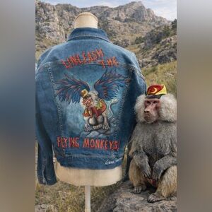 Calvin Klein denim jacket sz LG handpainted flying monkey Hamadryas Wizard of Oz